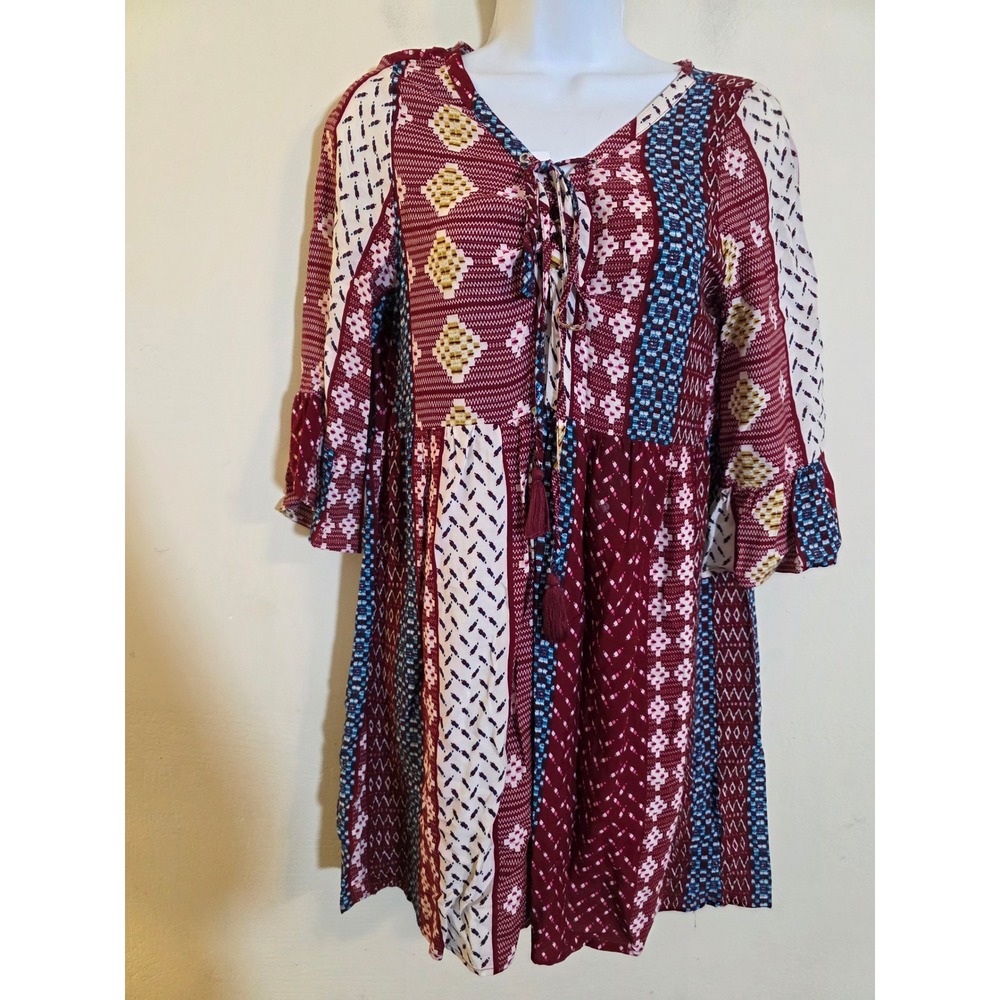 Ganji LA Boho Patchwork Mini Dress Burgundy Blue Geometric Tassel V-Neck Medium